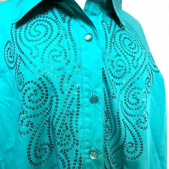 Bob Mackie Wearable Art Sequins Teal Button Down Tunic Top - Woman 3X - Picture 3 of 7